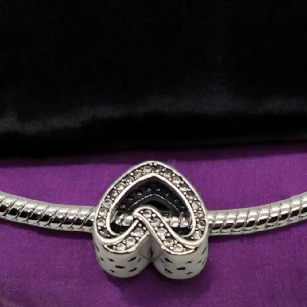 Rhinestone Heart Charm S925 Sterling Silver Slide-On Bracelet Pendant Jewelry